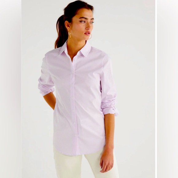 Time and Tru Tops - Time and Tru Women's Long Sleeve Button Down Striped Shirt white violet